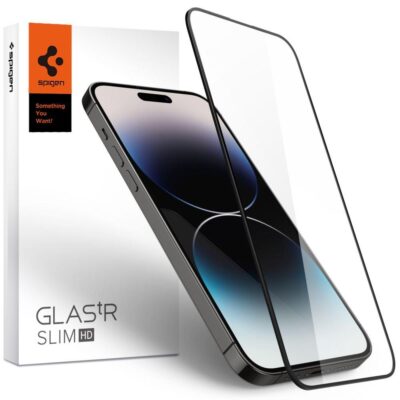 Black frame tempered glass for iPhone 14 Pro Spigen Glass FC