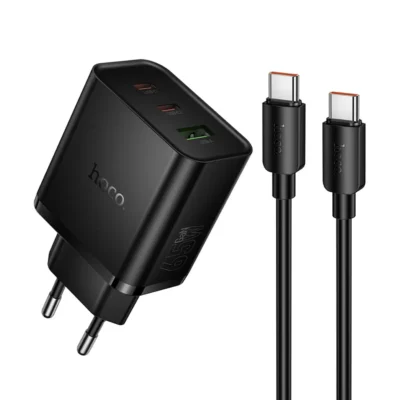 Hoco N75 φορτιστής τοίχου 2x Type-C + USB-A, PD, 65W, QC3.0, καλώδιο Type-C σε Type-C, μαύρο