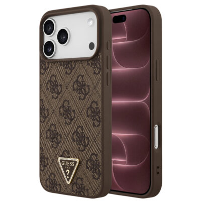 Guess Leather 4G Triangle Strass MagSafe θήκη iPhone 18 Pro Max / 17 Pro Max, οικολογικό δέρμα, καφέ