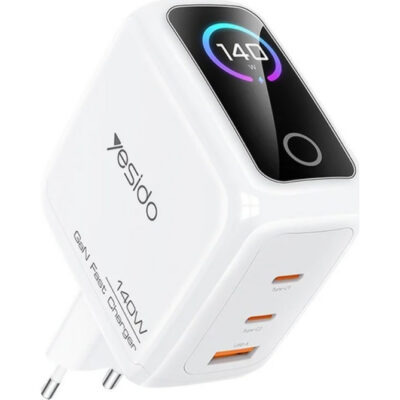 Yesido YC114 φορτιστής τοίχου GaN 140W, PD 3.1, 2x USB-C + 1x USB-A, δυναμική οθόνη, λευκός